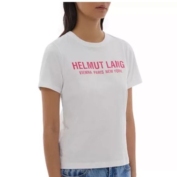 Helmut Lang Cotton Logo Women’s Baby Tee NWT Short Sleeves Cream Shocking Pink - Picture 8 of 13
